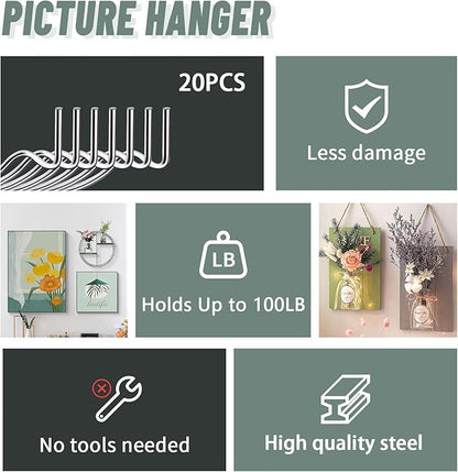 20pcs Super Hook Picture Hangers and Office Pack, Drywall Hooks for Hanging Pictures, Wall Hooks, Picture Hangers, Picture Hanging Kit，Hang Art, Clock, Shelves, Mirrors