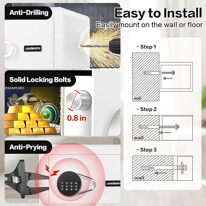 Safe for Home, 1.0 Cubic Feet Small Safe with Removable Shelf, Alarm System, Digital Electronic Security Money Box for Cash, Document, Home, Office, Hotel Use, White, 9.84"D x 13.78"W x 9.84"H