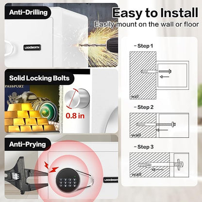 Safe for Home, 1.0 Cubic Feet Small Safe with Removable Shelf, Alarm System, Digital Electronic Security Money Box for Cash, Document, Home, Office, Hotel Use, White, 9.84"D x 13.78"W x 9.84"H