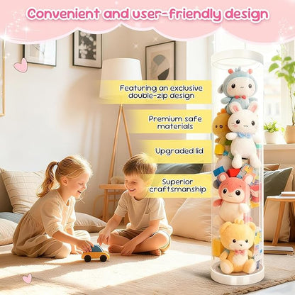 Stuffed Animal Storage Tube, 47x11 Inch Large Capacity Toy Storage Organizer with Zipper - Easy Assembly & Space Saving for Plush Toys, Ideal for Playrooms Living Rooms Bedrooms (Ivory White)