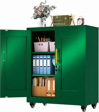 35" Metal Storage Cabinet with Lock and Wheels, Lockable Office File Cabinet with 2 Doors and 2 Adjustable Shelves, Rolling Steel Tool Garage Cabinets for Home Office (Green)