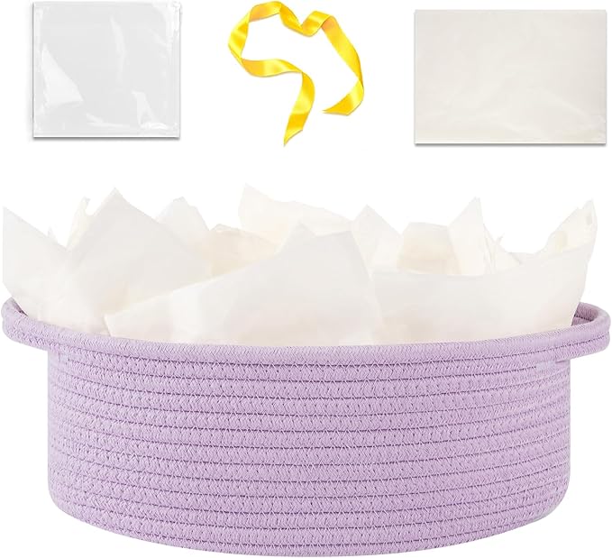 OIAHOMY Gift Basket with Handle, Small Woven Basket with Gift Bag，Ribbon and Wrap Tissue Paper，Nursery Bins Empty to Fill with Small Items, Baby，Pet Toy Organizer - Lilac Purple