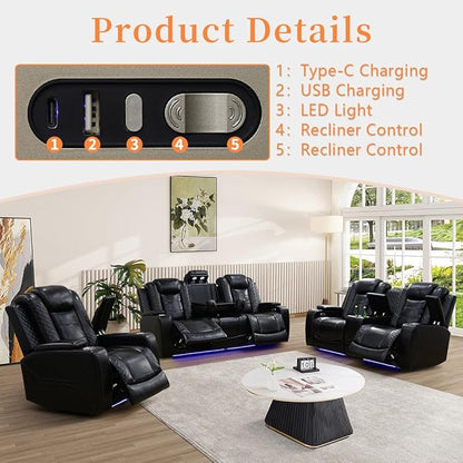 Living Room Furniture Set, Power Reclining Sofa Set, Black Leather 3-Seated Recliner Couch with Drop-Down Table, Recliner Sofa with Storage Console/Cup Holder for Living Room/Apt/Office