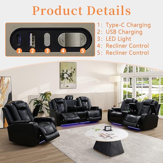 Black Leather Power Recliner Sofa Chair Sets with LED and Arm Storage, Leather Living Room Reclining Sofa, Power Recliner Living Room Furniture Sets with Reading Lights/LED/Cup Holders