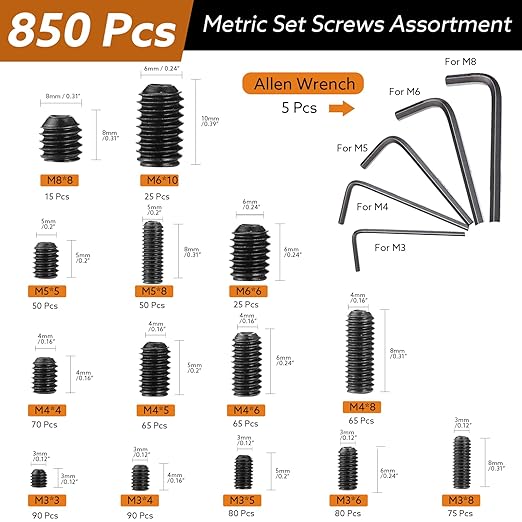 1400 Pcs 26 Size Set Screw Kit Metric&SAE Set Screw Assortment Kit 12.9 Alloy Steel Head Socket Hex Metric Set Screws Kit Black Zinc Plated Cup-Point Screws (M3-M8, 1/8"-40 to 5/16"-18)