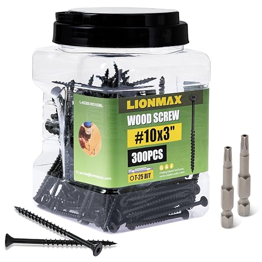 LIONMAX Deck Screws 3 Inch, Wood Screws #10 x 3, 300 PCS, Rust Resistant, Exterior Epoxy Coated, Outdoor Decking Screws, Torx/Star Drive Head Screw, T25 Star Bit Included, Black