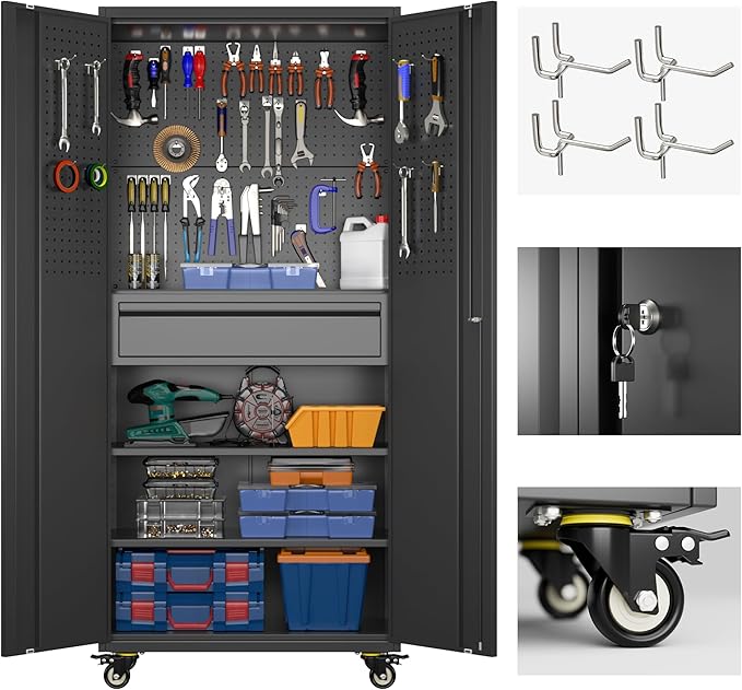 Aobabo Metal Storage Cabinet with Wheels and Adjustable Pegboard, 71" H Steel Rolling Cabinet with 16 Hooks and 1 Interior Drawers for Garage, Home, Office, Kitchen, Black, Assembly Required