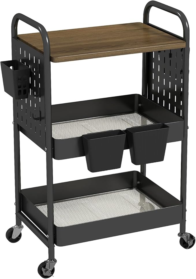 danpinera 3 Tier Rolling Cart, Metal Storage Cart with Wooden Tabletop, Storage Cart with DIY Pegboards & Locked Wheels, Hooks & Hanging Cups for Any Room, Black