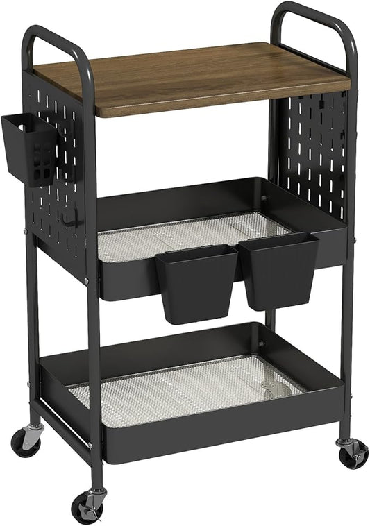 danpinera 3 Tier Rolling Cart, Metal Storage Cart with Wooden Tabletop, Storage Cart with DIY Pegboards & Locked Wheels, Hooks & Hanging Cups for Any Room, Black