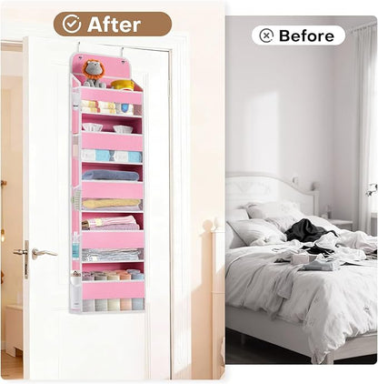 SpaceWhisper Over the Door Organizer, 5 Large Pocket Hanging Storage Organizer with 40lb Capacity, Space Saving for Nursery, Bathroom, Bedroom, Closet - Baby Essentials & Toiletry Organizer (Pink)
