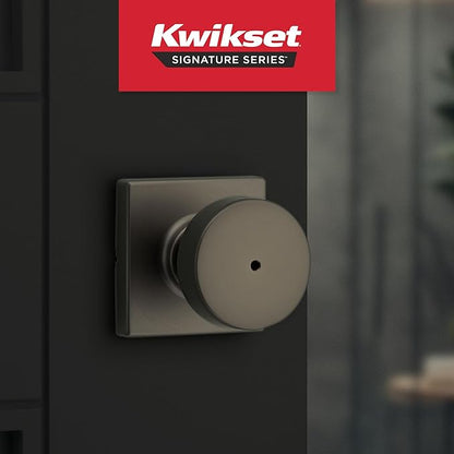 Kwikset Pismo Interior Square Privacy Door Knob with Lock, Door Handle for Bathroom and Bedroom, Gunmetal Keyless Turn Lock Doorknob