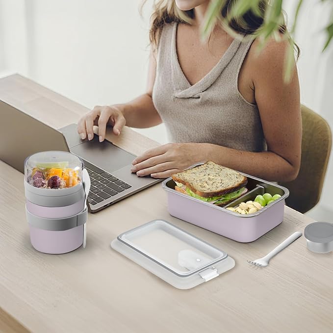 Stainless Steel Bento Lunch Box Set for Adult - 42oz Leak-Proof Bento Lunch Box Container with Thermo, Insulated Bag for Work Travel Dining Out