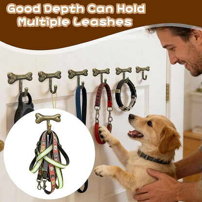 6PC Dog Bone Shaped Hooks Wall Mount Pet Leash Hook Cat Leash Holder for Wall Cute Coat Hooks Key Holder for Entryway Hallway Kitchen Office, Great Gift for Dog and Cat Lovers(Antique Brass)