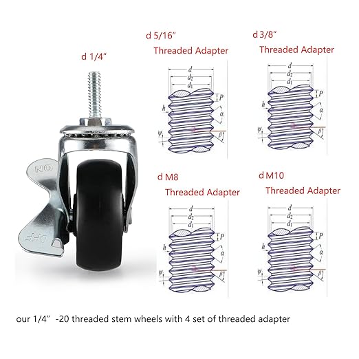 2-Inch Caster Roller for Storage Shelving Unit, Set of 4,Black,1/4",5/16",3/8",M8,M10 Thread Stem All Included,Universal for Steel Organizer Wire Rack