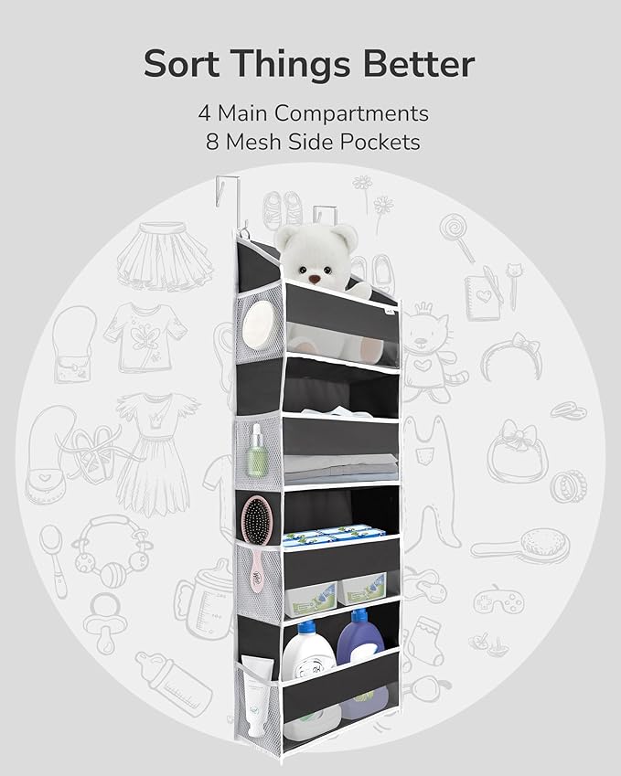 ULG 1 Pack Over Door Organizer with 4 Large Pockets 6 Mesh Side Pockets, 36 lbs Weight Capacity Hanging Storage Organizer with Clear Window for Bedroom Nursery, Baby Kids Toys, Diapers, Dark Grey