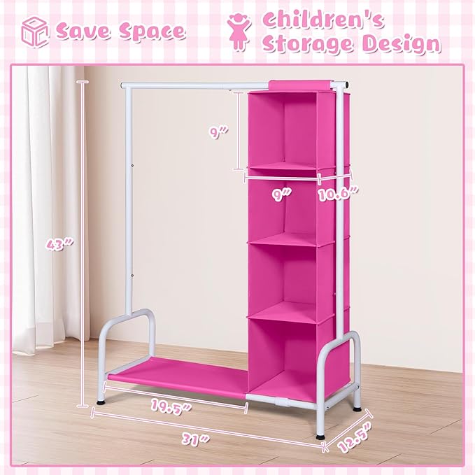 Univivi Kids Clothing Rack with Hanging Organizer, Short Toddler Dress Up Storage Rack for Hanging Clothes, Kids Wardrobe Closet for Baby Clothes, Dance Costumes, Rose Red/White