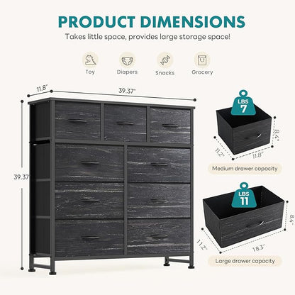OLIXIS 9 Drawer Storage Dresser with Wood Top - Wide Fabric Chest Organizer for Bedroom, Closet, Living Room,Tower Cabinet, TV Stand, Hallway Entryway Furniture,Black Wood Grain