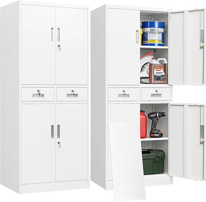 BESFUR Metal Garage Storage Cabinet with Two Drawers Locking Doors and 2 Adjustable Shelves, White Tall Storage Cabinets, Tool File Lockable Cabinet for Garage Office Warehouse Shop(71”H)