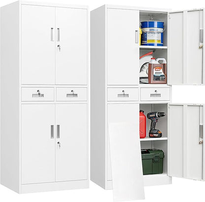 BESFUR Metal Garage Storage Cabinet with Two Drawers Locking Doors and 2 Adjustable Shelves, White Tall Storage Cabinets, Tool File Lockable Cabinet for Garage Office Warehouse Shop(71”H)