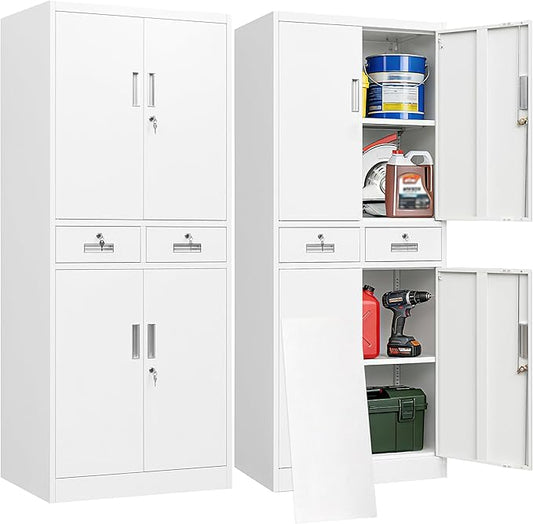 BESFUR Metal Garage Storage Cabinet with Two Drawers Locking Doors and 2 Adjustable Shelves, White Tall Storage Cabinets, Tool File Lockable Cabinet for Garage Office Warehouse Shop(71”H)