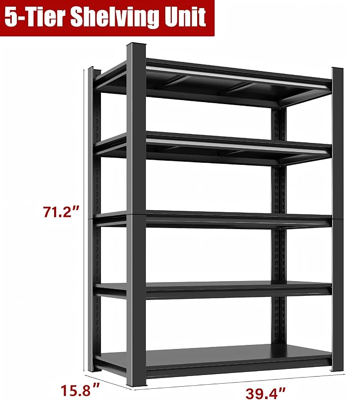 40"W 5-Tier Garage Storage Shelves, Adjustable Heavy Duty Metal Shelving Unit, Industrial Open Storage Shelf 2-in-1 Organizer Rack for Warehouse, Basement, Garage, Pantry (71.2"H x 39.4"W x 15.8"D)