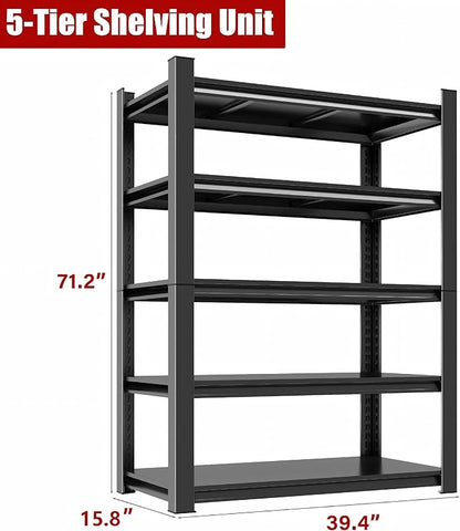 40"W 5-Tier Garage Storage Shelves, Adjustable Heavy Duty Metal Shelving Unit, Industrial Open Storage Shelf 2-in-1 Organizer Rack for Warehouse, Basement, Garage, Pantry (71.2"H x 39.4"W x 15.8"D)