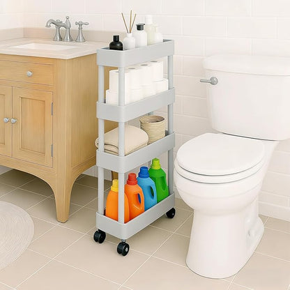 ShellKingdom 4 Tier Bathroom Storage Organizer, Slim Rolling Storage Cart for Narrow Space, Mobile Shelving Unit with Lockable Wheels and Hooks for Bathroom, Kitchen, Laundry Movable Shelf (Grey)