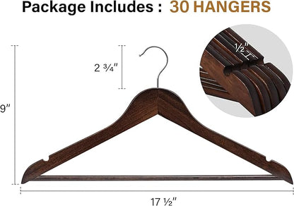StorageWorks Wooden Hangers 30 Pack, Wood Coat Hangers for Closet, Heavy Duty Clothes Hangers for Suits, Shirts, Pants, Jackets, Walnut Color
