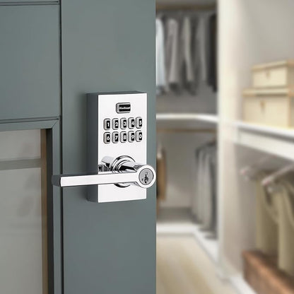 Kwikset SmartCode 917 Keypad Keyless Entry Contemporary Residential Electronic Lever Lock Deadbolt Alternative with Halifax Door Lever and SmartKey Security, Polished Chrome
