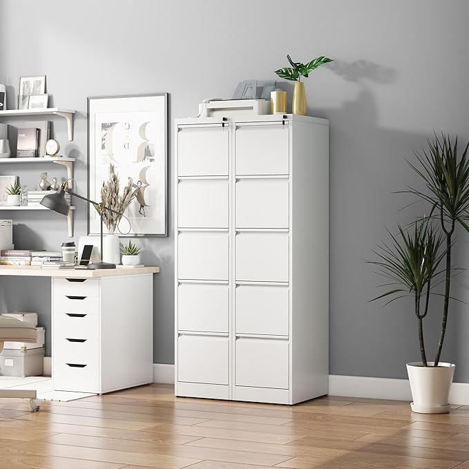 5 Drawer File Cabinet with Lock, Vertical Filing Cabinets for Home Office, Metal Storage Cabinets, Heavy Duty File Cabinet for Letter/Legal/A4/F4 Size Amsseble Required, White