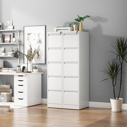 5 Drawer File Cabinet with Lock, Vertical Filing Cabinets for Home Office, Metal Storage Cabinets, Heavy Duty File Cabinet for Letter/Legal/A4/F4 Size Amsseble Required, White