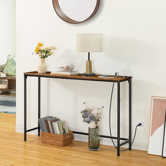 HOOBRO 47.2" Console Table with Power Outlets and USB Ports, Sofa Narrow Entryway Table with Charging Station, Behind Couch Table, Hallway, Foyer, Living Room, Bedroom, Rustic Brown BF301XG01G1