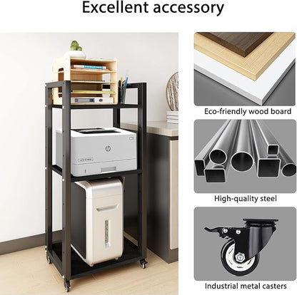 Natwind 3-Tier Movable Printer Stand with Storage Rolling Floor-Standing Deskside Shredder Computer Host Stand Adjustable Storage Shelf Rack on Wheels for Office Supplies Fax Scanner File Book (Black)