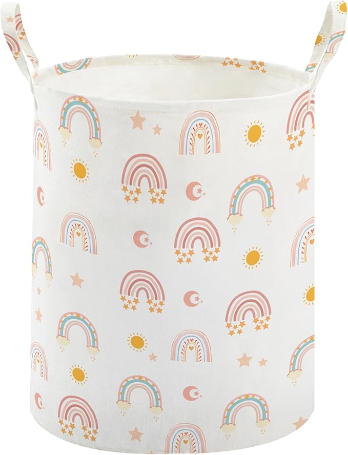 TECHMILLY Large Storage Basket for Girls and Boys, Collapsible Laundry Hamper with Long Handles, Toy Bins for Nursery, Kids Room Décor (Rainbow)