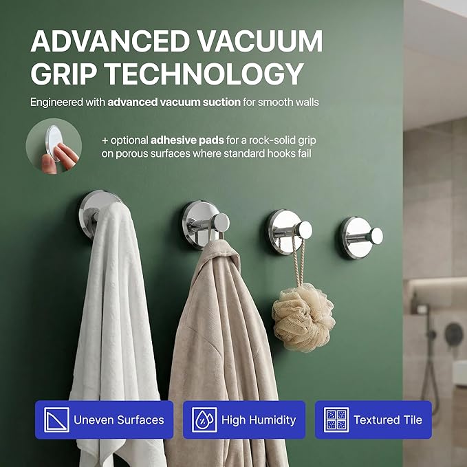 HOME SO Suction Cup Hooks for Shower & Bathroom Towel Holder 4-Pack – Suction Cups Hooks for Hanging Towels, Robes, & Coats - Tiles, Glass Door or Mirror – Shower Hooks & Towel Hooks Organizer -Chrome