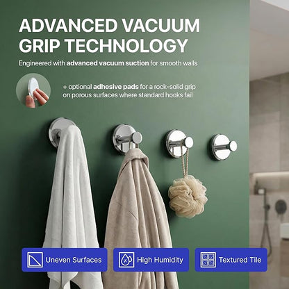 HOME SO Suction Cup Hooks for Shower & Bathroom Towel Holder 4-Pack – Suction Cups Hooks for Hanging Towels, Robes, & Coats - Tiles, Glass Door or Mirror – Shower Hooks & Towel Hooks Organizer -Chrome