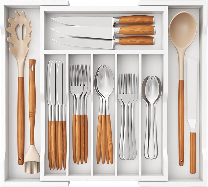 Lifewit Silverware Drawer Organizer, Expandable Utensil Tray for Kitchen, Flatware and Cutlery Holder, Wood Adjustable Storage for Spoons Forks Knives, 13-22x15/ 33-56x38cm, White