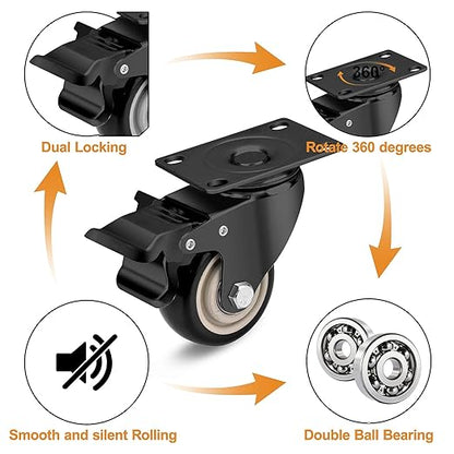 3 Inch Industrial Heavy Duty Swivel Caster Wheels with Brake,Set of 4 Safety Locking Casters,Load 1600lbs,Premium Polyurethane Wheels for Table,Trailer,Saw Table,Stage Toolbox,Bed,Corn Board