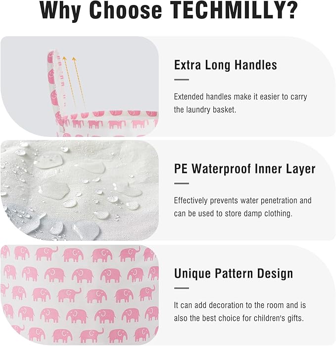 TECHMILLY Large Storage Basket for Girls and Boys, Collapsible Laundry Hamper with Long Handles, Toy Bins for Nursery, Kids Room Décor (Pink Elephant, 2 Pack)