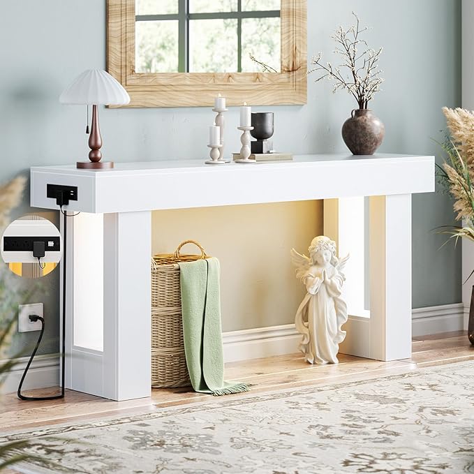 Unikito 63'' Farmhouse Console Table with Power Outlets and Sensor Light, Wooden Entryway Table with Storage, Rectangular Sofa Tables Behind The Couch for Entrance, Hallway, Living Room,