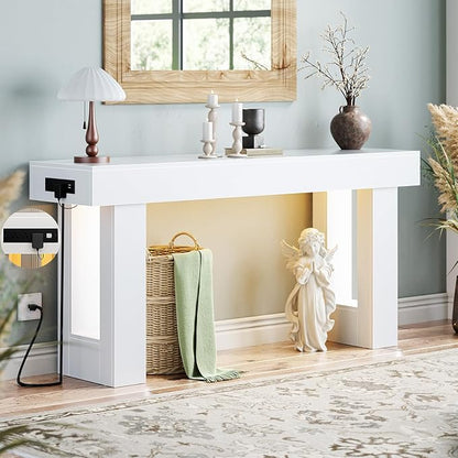 Unikito 63'' Farmhouse Console Table with Power Outlets and Sensor Light, Wooden Entryway Table with Storage, Rectangular Sofa Tables Behind The Couch for Entrance, Hallway, Living Room,