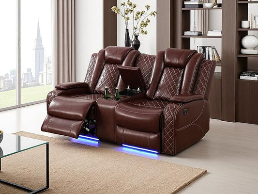Power Recliner Sofa Set with Cup Holders, Living Room Furniture Sofa Sets, Brown Breathing Leather Reclining Loveseat with LED Light & Storage Console for Office & Dorms & Living Room