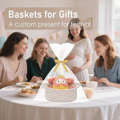 Woven Basket,Small Rope Storage Bin with Handles & Ribbon Bag, Organizer for Shelves Closets,Gift Basket Empty for Birthday,Books,Dog Toys, Colorful/3 Pack