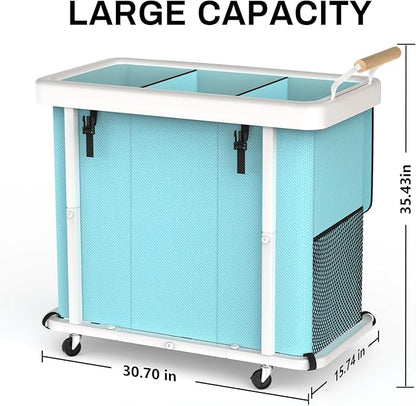 230L (60 Gal) Extra Large Fashion Laundry Sorter 3 Section with Lid, Rolling Laundry Basket Hamper with Handle, Laundry Organizer Storage Cart with Sturdy Metal Frame for Laundry Room,Hotel,Blue