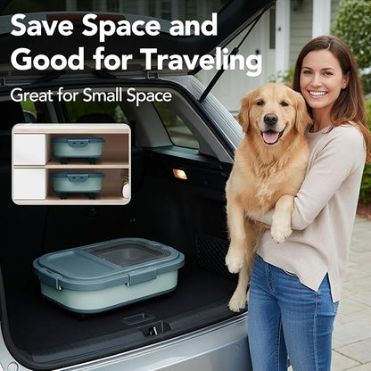 15 Lbs Dog/Cat Food Storage Container,Collapsible Food Storage Containers with Rolling Wheel Airtight Locking Lid,Pet Food Storage Container with Cup and Scoop,Blue