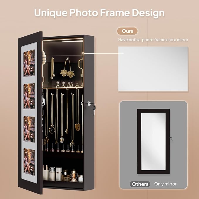 Bonnlo Jewelry Armoire with Photo Frame, Inner Mirror,23.62 x 11.81 x 3.55 inch, Key Storage Cabinet, Lockable Design,Wall Mount (dark brown)