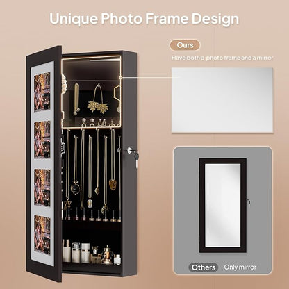 Bonnlo Jewelry Armoire with Photo Frame, Inner Mirror,23.62 x 11.81 x 3.55 inch, Key Storage Cabinet, Lockable Design,Wall Mount (dark brown)