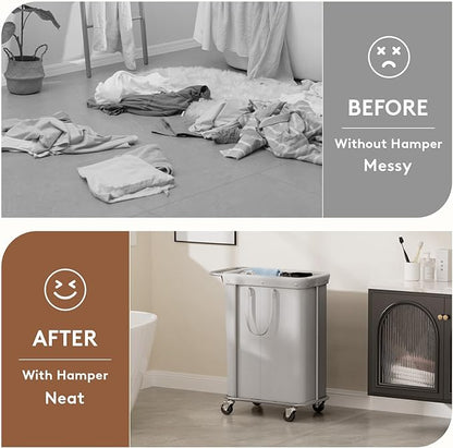 Lifewit 150L Large Laundry Basket with Wheels, Tall 2 Section Laundry Hamper Organizer, Rolling Laundry Cart with Steel Frame & Removable Bag for Luandry Room Bathroom Bedroom, Silver Gray