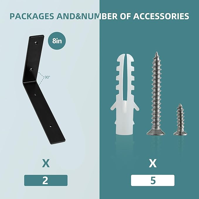 HEART ART 2 Pack Shelf Brackets 8 inch,L Brackets for Shelves,Black Heavy Duty Metal Shelf Brackets,8”x4”x1.4”