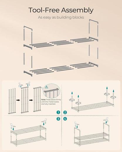 SONGMICS Shoe Rack, 2-Tier Shoe Organizer, Metal Storage Shelf, Upright or Upside Down, for 12-15 Pairs, Stackable, for Entryway, 11.8 x 36.2 x 14.6 Inches, Gray ULSA012G01